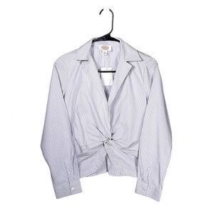 Talbots Women's Blouse 6P Blue White Striped Faux Wrap V-Neck Crop Top NWT *